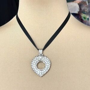 necklace pendant pave Swarovski crystal silver heart reversible love satin cord